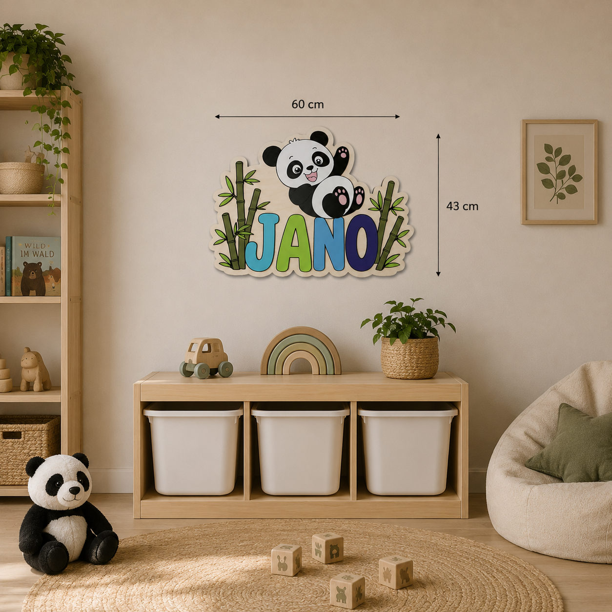 Personalisiertes Panda Holz-Wandbild mit Namen | Kinderzimmer Wanddeko aus Holz