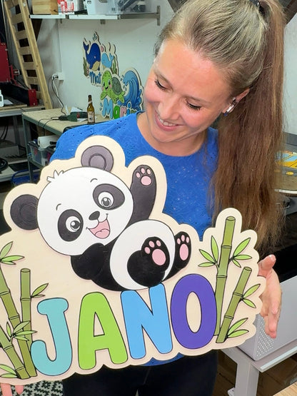 Personalisiertes Panda Holz-Wandbild mit Namen | Kinderzimmer Wanddeko aus Holz
